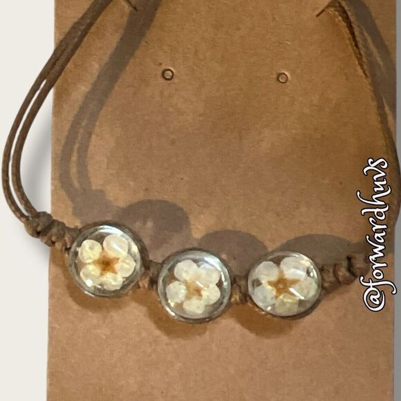 Bundle Sale 3 for $15 | Leather Adjustable Bracelet with Glass-Encased Flowers - Picture 5 of 8
